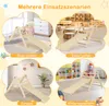 A collage of four images showing a wooden climbing toy in different settings: a child's room, a kindergarten, a home, and a daycare. Produktbild-Vorschau