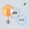 A vintage-style LED light bulb is shown next to text indicating its wattage equivalence. Produktbild-Vorschau
