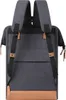 The back view of a dark gray backpack with brown leather accents. Produktbild-Vorschau