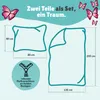 Diagram showing the dimensions of a two-piece bedding set with butterflies and text about the product. Produktbild-Vorschau