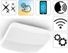 A white square ceiling light is shown from a low angle, with several feature icons arranged above it. Náhled obrázku produktu