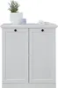 A white cabinet with two doors, a plant, and headphones on top, set against a white background. Produktbild-Vorschau