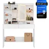 A white vanity table with drawers and shelves, featuring makeup and accessories, with a promotional badge on the top right. Produktbild-Vorschau