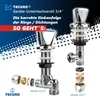 A marketing image showing two Tecuro under-sink valves and their disassembled parts, with instructional text. Produktbild-Vorschau