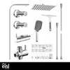 A collection of chrome-finished shower components, including a showerhead, hand shower, and various valves and pipes, laid out on a white background. Produktbild-Vorschau