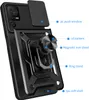 A black phone case with a ring stand and camera cover is shown with labels pointing out its features. Produktbild-Vorschau