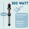A product image showing an aquarium heater with dimensions and specifications. Produktbild-Vorschau