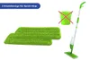A spray mop and two replacement mop heads are shown against a white background, with a graphic indicating that a bucket is not needed. Produktbild-Vorschau