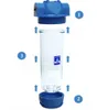 An exploded view of a water filter housing, showing the top cap, the clear filter body, and the bottom cap being assembled. Anteprima dell’immagine prodotto