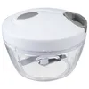 A white and clear manual food chopper with gray accents. Voir les images du produit