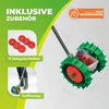 A marketing image showing a hand-seeder with accessories and dimensions, along with text highlighting its features. Produktbild-Vorschau
