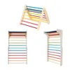 A collage of three images showing a wooden climbing triangle and two wall-mounted climbing ladders, all with colorful rungs. Voir les images du produit