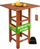 A wooden bar table with drinks and oranges on top, with promotional text on the legs. Produktbild-Vorschau