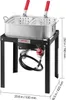 A double-basket deep fryer set on a black metal stand, with dimensions indicated. Náhled obrázku produktu