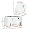 A white kettle and a white toaster with rose gold accents are shown with dimensions indicated by lines and text. Produktbild-Vorschau