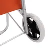 A close-up view of the wheel and frame of an orange shopping cart. Produktbild-Vorschau