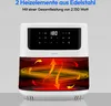 A white air fryer with a digital display showing temperature and cooking icons, and a visual representation of airflow inside. Produktbild-Vorschau