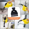 A collage of images showing a yellow steam cleaner being used for cleaning various surfaces and its accessories. Produktbild-Vorschau
