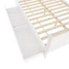 A close-up view of a white bed frame with two open drawers and wooden slats for a mattress. Produktbild-Vorschau