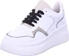 A white sneaker with black laces and beige accents is shown against a white background. Produktbild-Vorschau