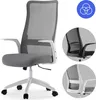A white and gray ergonomic office chair is shown from the front and side, with close-up insets of the backrest. Podgląd zdjęcia produktu