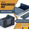 Collage of images showing blue plastic storage boxes with metal rails and a black plastic holder, along with tools. Produktbild-Vorschau