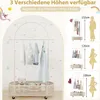 A children's wardrobe with clothes hanging on it, shown in three different height configurations with silhouette figures indicating scale. The background is decorated with a playful, childlike pattern. Náhled obrázku produktu