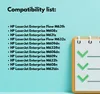 A list of compatible HP LaserJet Enterprise printers is displayed on a light blue background. Produktbild-Vorschau