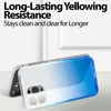 A clear phone case with a blue gradient is shown on a light gray surface, with text overlay describing its features. Produktbild-Vorschau