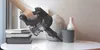 A hand is holding a cordless vacuum cleaner and cleaning a table next to books and decorative vases. Voir les images du produit
