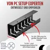 A black cable management tray is shown against a light gray and white background, with red arrows and text highlighting its features. Produktbild-Vorschau