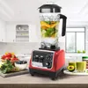 A red high-performance blender filled with ice and fruit sits on a kitchen counter, with ingredients and finished smoothies nearby. Produktbild-Vorschau