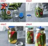 A four-step visual guide demonstrating how to use silicone fermentation lids on jars. Produktbild-Vorschau