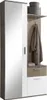 A narrow, tall hallway furniture set with a mirrored door on the left and open shelving, a drawer, and a cabinet door on the right. Náhled obrázku produktu