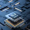 A close-up, stylized 3D render of a Bluetooth chip with '5.2 Bluetooth' text, set against a dark blue, circuit board-like background with glowing orange lines. Anteprima dell’immagine prodotto