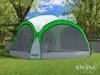 A green and white event pavilion or dome shelter is set up on a grassy lawn with trees in the background. Produktbild-Vorschau