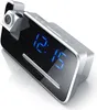 A silver and black digital alarm clock with a projection display. Produktbild-Vorschau