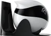 A white and black robot on a black stand against a white background. Produktbild-Vorschau