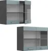 Two views of a modern wall-mounted cabinet with glass doors and drawers. Anteprima dell’immagine prodotto
