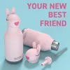 A pink bunny-shaped water bottle and its cap are displayed on a light blue background, with a second bottle lying on its side. Text overlays the image. Náhled obrázku produktu