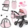 A collection of doll accessories including a stroller, high chair, sleeping bag, and feeding set, all with a pink and white star pattern. Náhled obrázku produktu