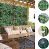 Künstlicher grüner Blatt-Sichtschutzzaun an einer Holzpergola installiert, mit Nahaufnahmen der Gitterrückseite und verschiedener Montageclips Anteprima dell’immagine prodotto
