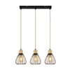 A three-light pendant lamp with black metal cages and wood accents, suspended from a black rectangular bar. Anteprima dell’immagine prodotto