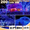 A collage of images showing blue LED string lights decorating houses and trees at night, with close-ups of connectors. Produktbild-Vorschau