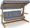 A wooden garden swing with gray cushions and a gray canopy, shown from the front on a white background. Podgląd zdjęcia produktu