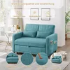 A teal sofa bed is shown in a living room setting, with decorative elements and text overlays highlighting its features. Anteprima dell’immagine prodotto