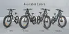 Four electric bicycles are displayed in different colors, with their corresponding color names listed below. Produktbild-Vorschau