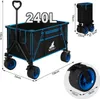 A black and blue foldable wagon with dimensions and capacity indicated. Produktbild-Vorschau