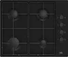 A top-down view of a black gas hob with four burners and control knobs on the right side. Produktbild-Vorschau