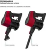 Two red and black handheld vacuum cleaners with different attachments are shown side-by-side. Voir les images du produit
